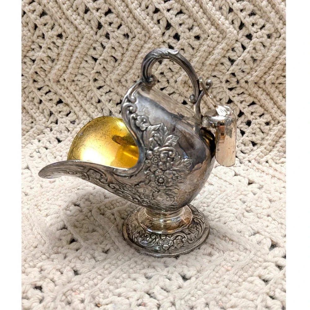 Leonard Silverplate Sugar Scuttle Floral Repousse Gold Wash Interior with Scoop